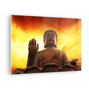 Quadro su vetro - Una statua del Buddha sullo sfondo di un tramonto dorato - 70x50cm - La pace del mondo - Decorazione murale moderna per soggiorno e camera da letto ARTTOR