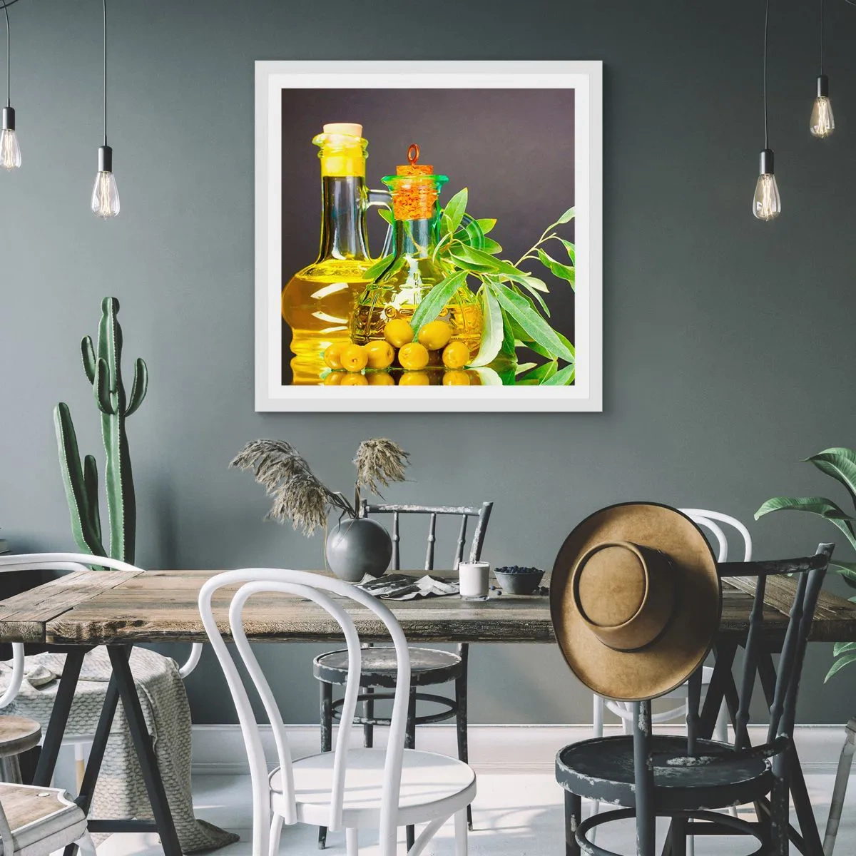 Poster in cornice bianca - Natura morta con olive e olio - 50x50 cm