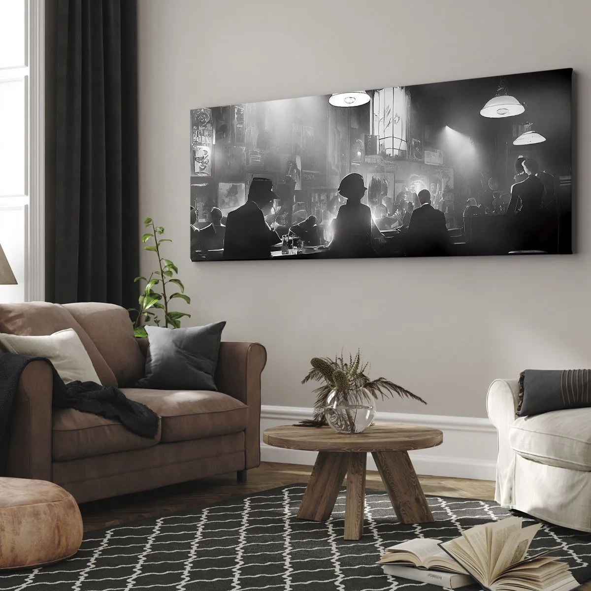 Quadro su tela - Stampe su Tela - Scena dei locali notturni jazz in bianco e nero - 160x50cm - Nell'atmosfera jazz - Decorazione murale moderna per soggiorno e camera da letto ARTTOR