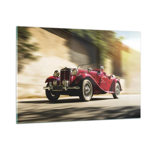 Quadro su vetro - Classica decappottabile rossa in movimento sullo sfondo della strada e del paesaggio sfocato - 120x80cm - Più bella della Nike di Samotracia - Decorazione murale moderna per soggiorno e camera da letto ARTTOR