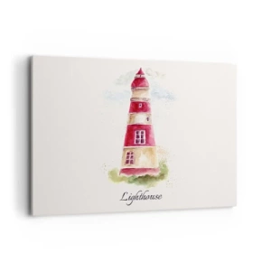 Quadro su tela - Stampe su Tela - Dipinto ad acquerello di un faro su sfondo chiaro con un'iscrizione - 100x70cm - Attorno è sempre bel tempo - Decorazione murale moderna per soggiorno e camera da letto ARTTOR