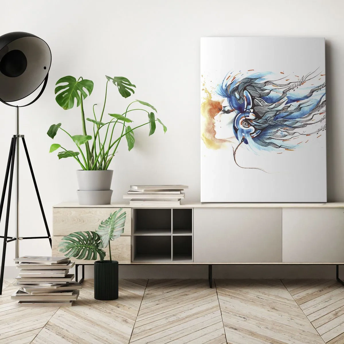 Quadro su tela - Stampe su Tela - Grafica artistica di una donna che indossa cuffie con accenti musicali - 50x70cm - Che suoni la musica - Decorazione murale moderna per soggiorno e camera da letto ARTTOR