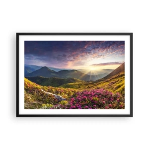 Poster in cornice nera - Paesaggio montano con rododendri in fiore - 70x50cm - La freschezza di un mattino sui monti - Decorazione murale moderna per soggiorno e camera da letto ARTTOR
