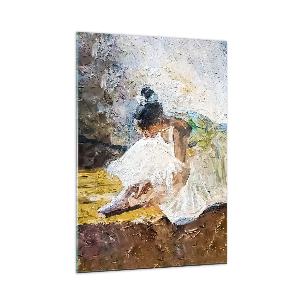 Quadro su vetro - Una ballerina china in avanti con un abito bianco dipinto con una texture a olio - 50x70cm - Dal quadro di Degas - Decorazione murale moderna per soggiorno e camera da letto ARTTOR