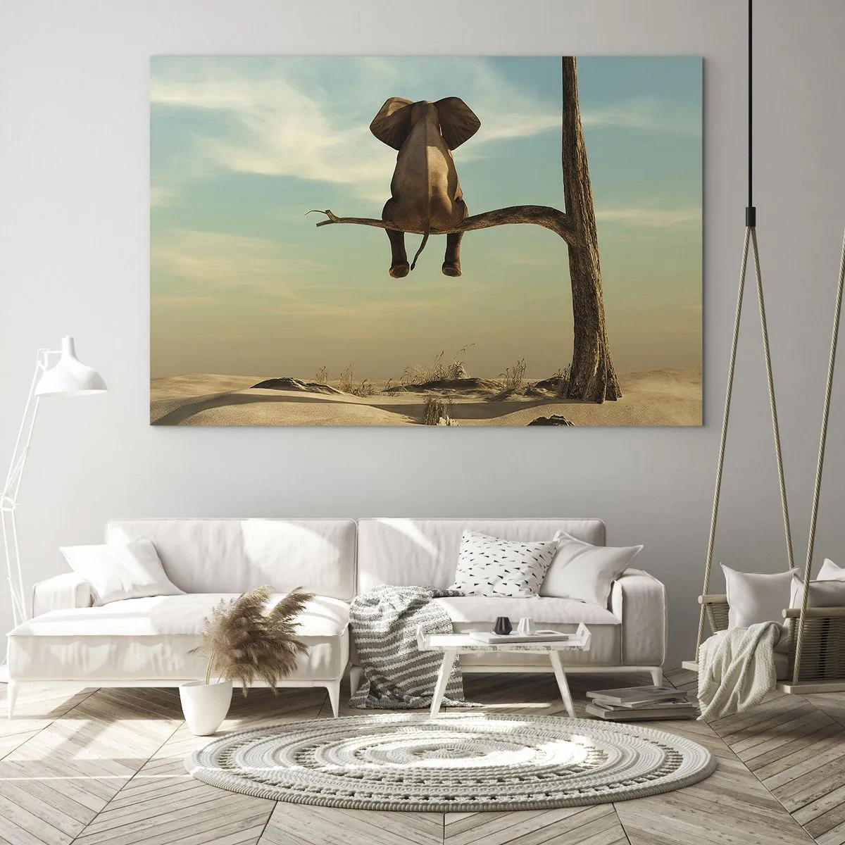 Quadro su vetro - Un elefante su un ramo di un albero in un ambiente surreale - 70x50cm - Nuovo punto di vista - Decorazione murale moderna per soggiorno e camera da letto ARTTOR