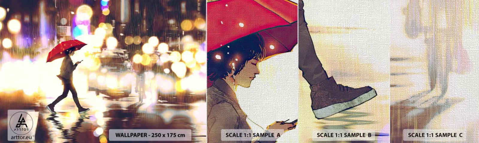 Campione di Fotomurale Premium Canvas - Tuttavia è assolata - Città, Camminare sotto la pioggia, Ombrello - 100x30 cm