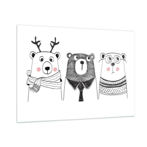 Quadro su vetro - Tre orsi divertenti in un'illustrazione in bianco e nero - 100x70cm - Orso, orsetto e orsino - Decorazione murale moderna per soggiorno e camera da letto ARTTOR