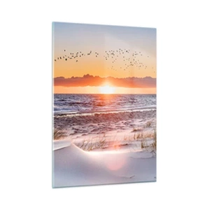 Quadro su vetro - Tramonto sul mare con uccelli e dune di sabbia - 50x70cm - Paesaggio orizzontale - Decorazione murale moderna per soggiorno e camera da letto ARTTOR