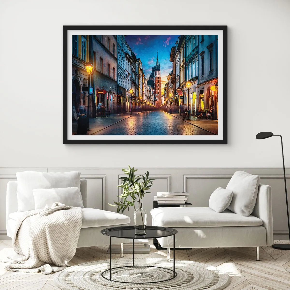 Poster in cornice nera - Strada serale con vista sulla Cattedrale di Cracovia - 70x50cm - La magia di Cracovia - Decorazione murale moderna per soggiorno e camera da letto ARTTOR