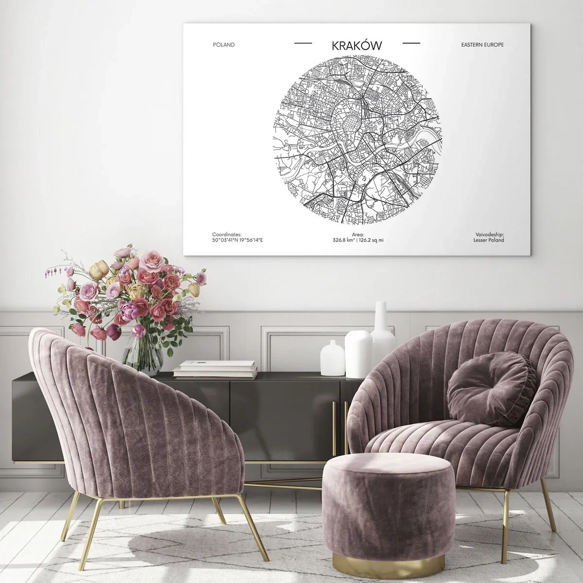 Quadro su vetro - Una mappa di Cracovia in stile illustrazione in bianco e nero - 70x50cm - Anatomia di Cracovia - Decorazione murale moderna per soggiorno e camera da letto ARTTOR
