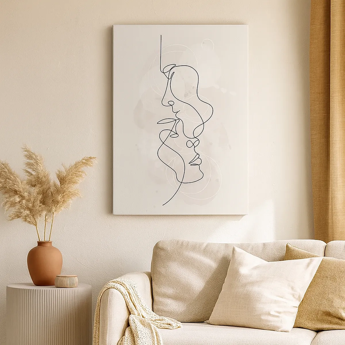 Quadro su tela - Stampe su Tela - Contorno astratto di due volti su uno sfondo chiaro - 50x70cm - Intrecciati in un abbraccio - Decorazione murale moderna per soggiorno e camera da letto ARTTOR