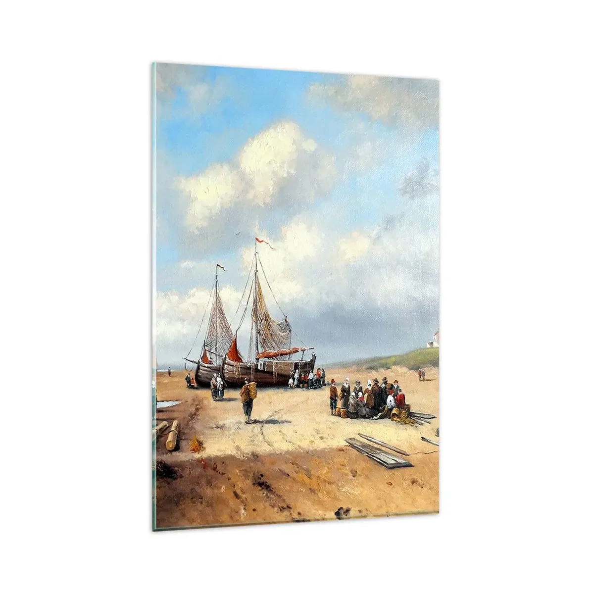 Quadro su vetro - Barche da pesca sulla spiaggia con figure umane - 80x120cm - Dopo una buona pesca - Decorazione murale moderna per soggiorno e camera da letto ARTTOR