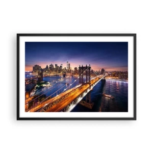Poster in cornice nera - Il ponte e il panorama della città al tramonto - 70x50cm - Il ponte luminoso fino al cuore della città - Decorazione murale moderna per soggiorno e camera da letto ARTTOR