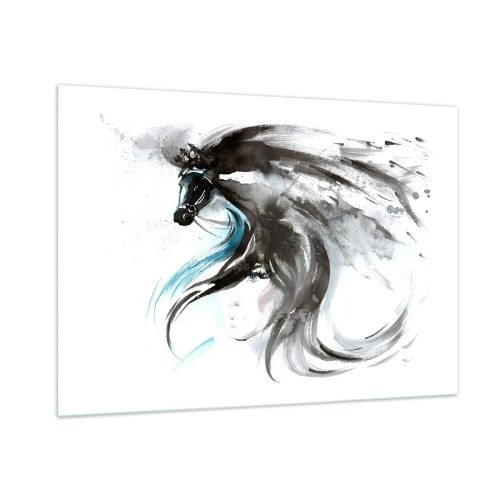 Quadro su vetro - Ritratto di una donna e di un cavallo in una composizione artistica e dinamica - 100x70cm - Il galoppo del Principe Nero - Decorazione murale moderna per soggiorno e camera da letto ARTTOR