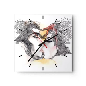 Orologio da parete - Orologio in Vetro - Ritratto artistico di una coppia con motivi astratti sui capelli - 30x30cm - E il mondo scompare - Decorazione murale moderna per soggiorno e camera da letto ARTTOR