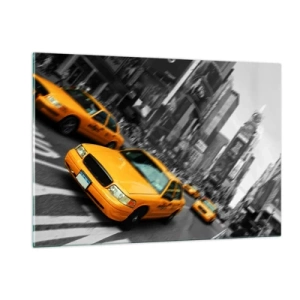 Quadro su vetro - Taxi gialli sullo sfondo delle strade cittadine in bianco e nero - 120x80cm - Gocce di sole a New York - Decorazione murale moderna per soggiorno e camera da letto ARTTOR