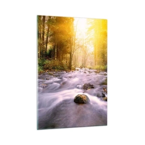 Quadro su vetro - Un ruscello nella foresta illuminato dai raggi del sole - 80x120cm - Malachite in cornice oro-argento - Decorazione murale moderna per soggiorno e camera da letto ARTTOR