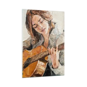 Quadro su vetro - Ritratto di una ragazza che suona la chitarra in stile pittorico con colori caldi. - 80x120cm - Concerto per chitarra e cuore di ragazza - Decorazione murale moderna per soggiorno e camera da letto ARTTOR