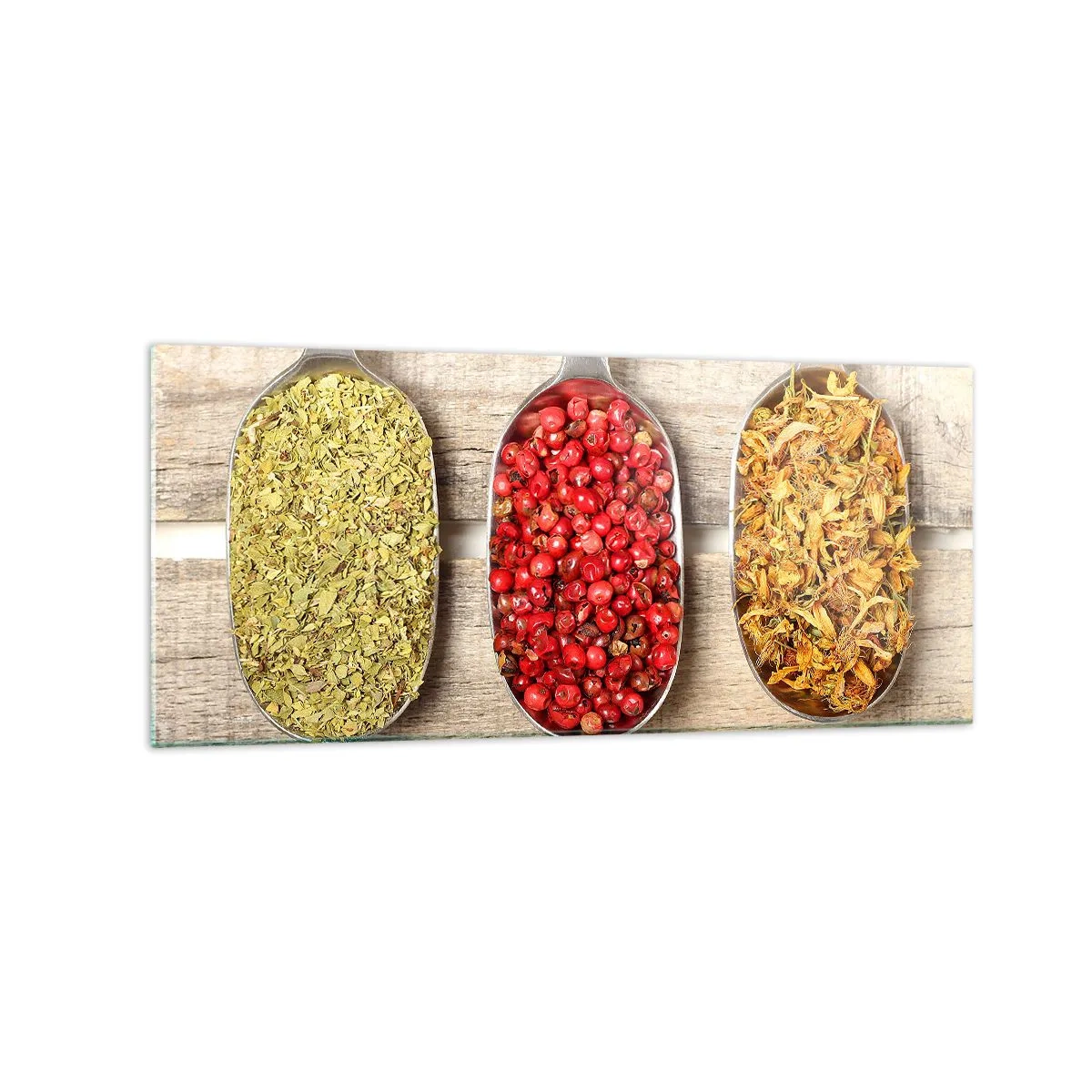 Quadro su vetro - Tre cucchiai di metallo con spezie su uno sfondo di legno - 120x50cm - Magia in cucina - Decorazione murale moderna per soggiorno e camera da letto ARTTOR