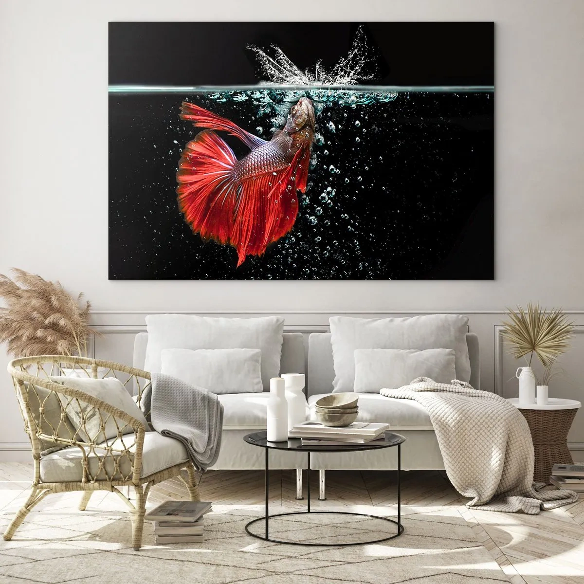 Quadro su vetro - Betta rosso in una composizione d'acqua dinamica - 100x70cm - Hai tre desideri - Decorazione murale moderna per soggiorno e camera da letto ARTTOR