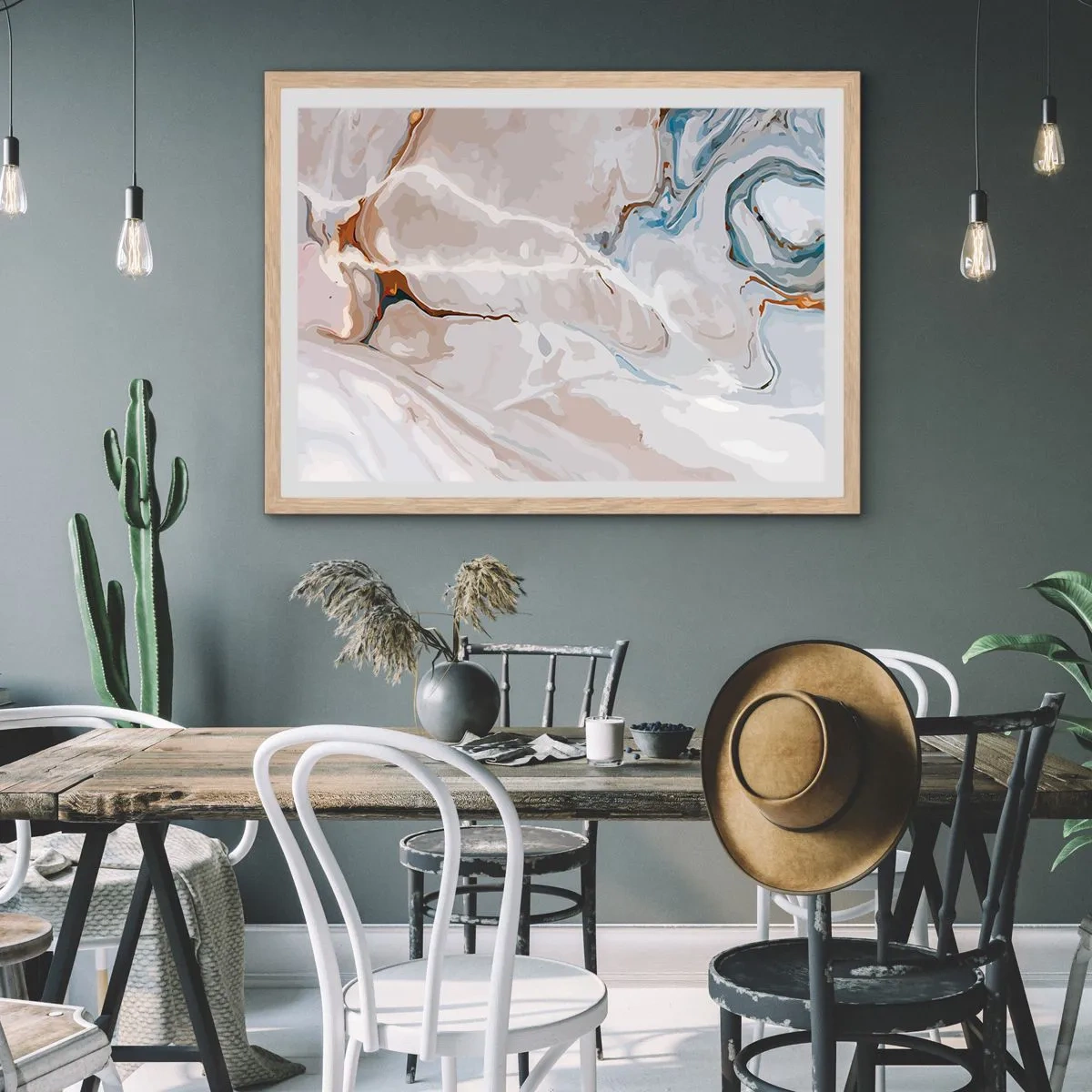 Poster in cornice rovere chiaro - Meandri blu sotto il bianco - 91x61 cm