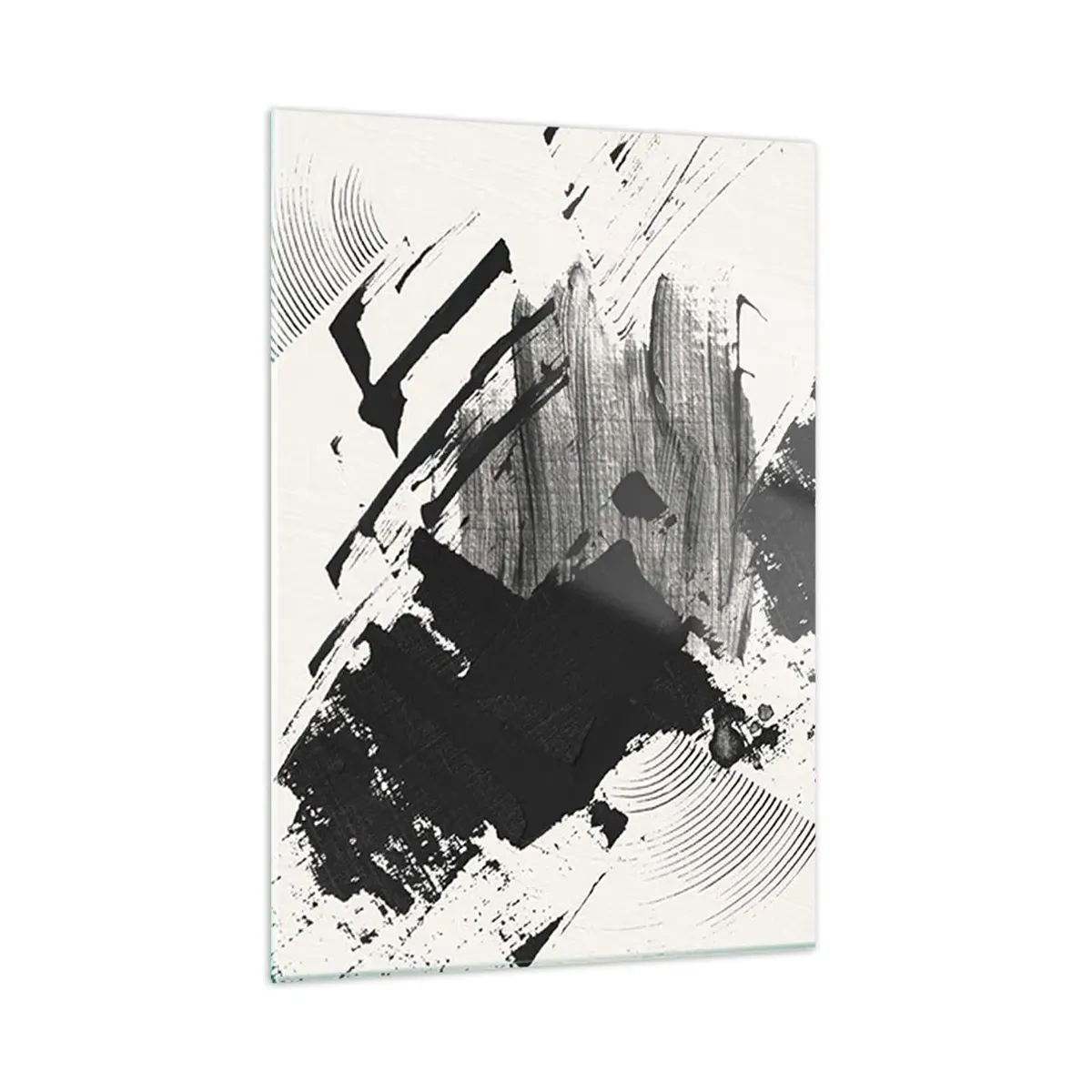 Quadro su vetro - Astrazione espressiva in bianco e nero con tratti dinamici. - 50x70cm - Astrazione: espressione di nero - Decorazione murale moderna per soggiorno e camera da letto ARTTOR