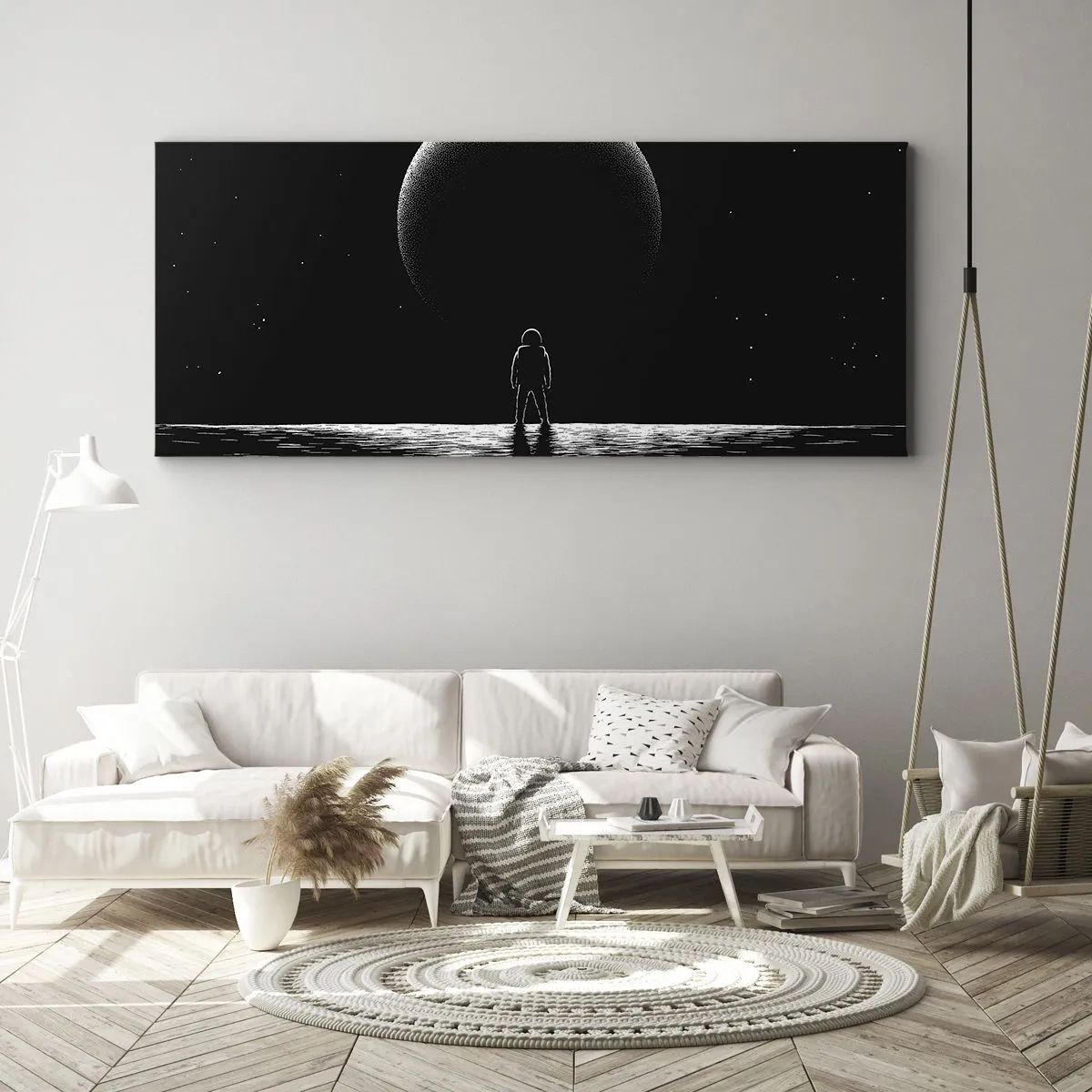 Quadro su tela - Stampe su Tela - Un astronauta sullo sfondo di un grande pianeta nello spazio - 160x50cm - Faccia a faccia - Decorazione murale moderna per soggiorno e camera da letto ARTTOR