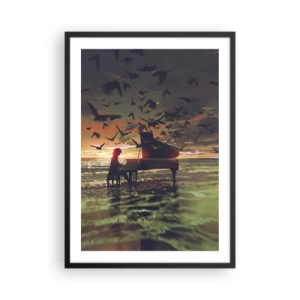 Poster in cornice nera - Silhouette di un pianista sullo sfondo di un tramonto - 50x70cm - Concerto per pianoforte e onde - Decorazione murale moderna per soggiorno e camera da letto ARTTOR