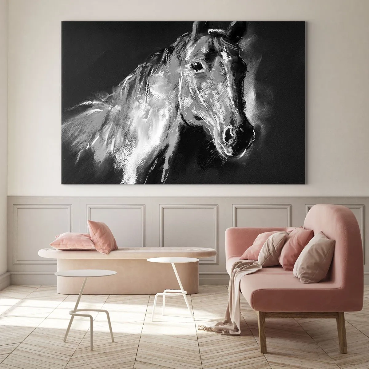 Quadro su vetro - Ritratto di un cavallo nei toni del bianco e nero su sfondo scuro - 100x70cm - Splendore di un'anima nobile - Decorazione murale moderna per soggiorno e camera da letto ARTTOR