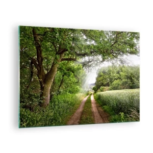 Quadro su vetro - Una strada forestale immersa nel verde sotto i raggi del sole - 70x50cm - Et in Arcadia ego - Decorazione murale moderna per soggiorno e camera da letto ARTTOR