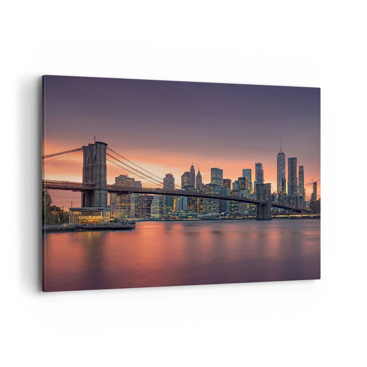 Quadro su tela - Stampe su Tela - Panorama notturno della città con un ponte e un cielo illuminato - 120x80cm - Immersa nel silenzio lilla - Decorazione murale moderna per soggiorno e camera da letto ARTTOR