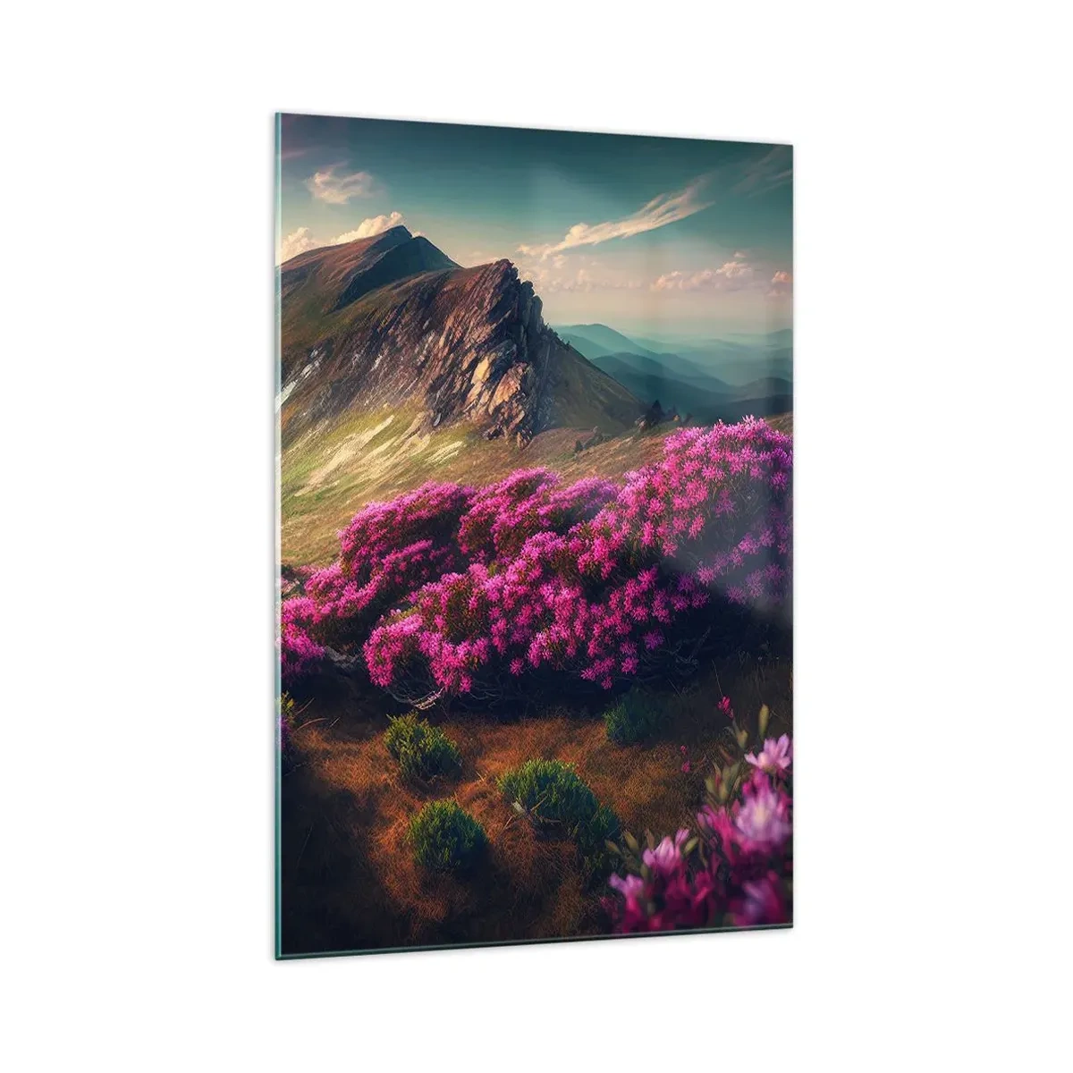Quadro su vetro - Paesaggio montano con rododendri in fiore - 70x100cm - L'estate sui monti - Decorazione murale moderna per soggiorno e camera da letto ARTTOR