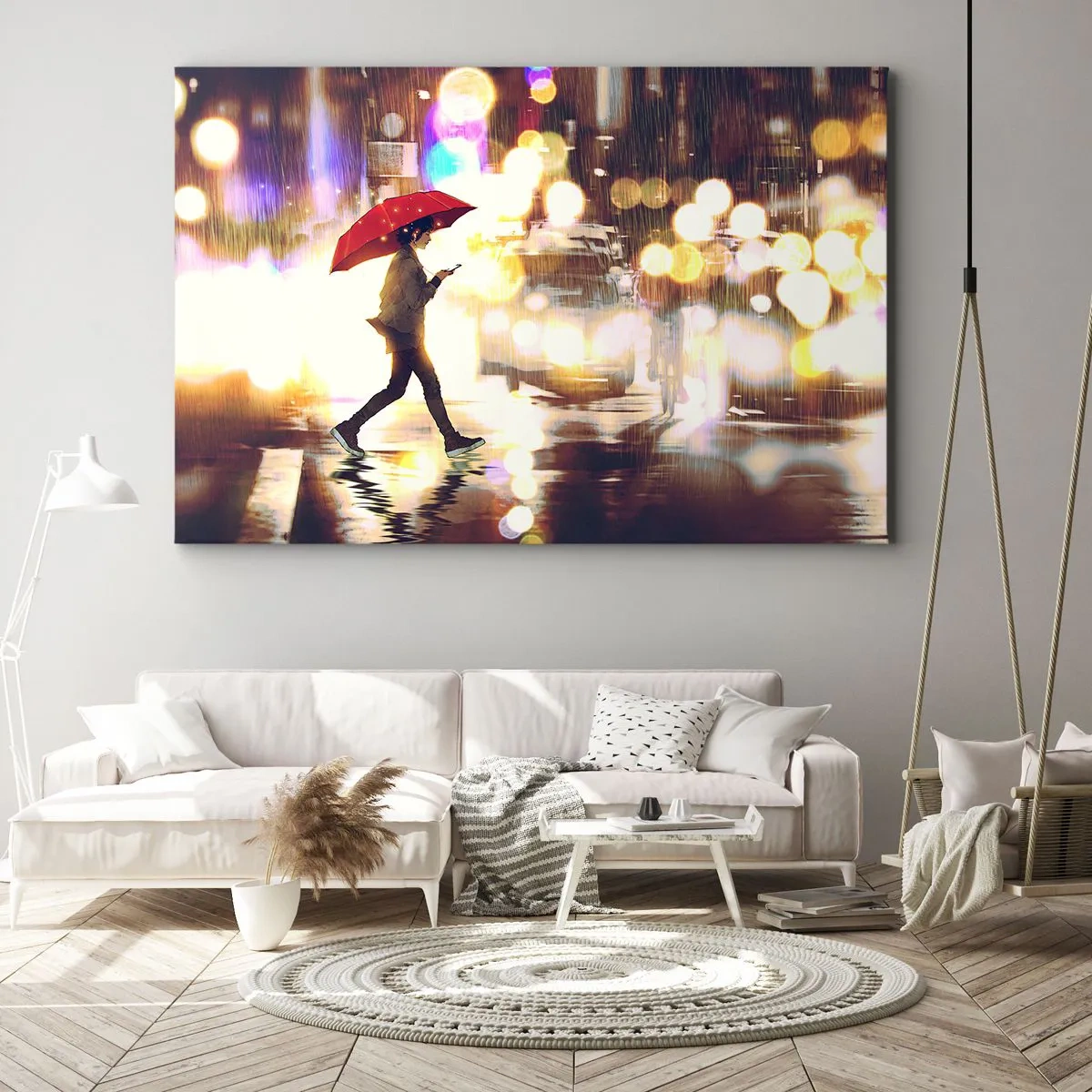 Quadro su tela - Stampe su Tela - Una figura con un ombrello rosso sulla strada sotto la pioggia - 70x50cm - Tuttavia è assolata - Decorazione murale moderna per soggiorno e camera da letto ARTTOR