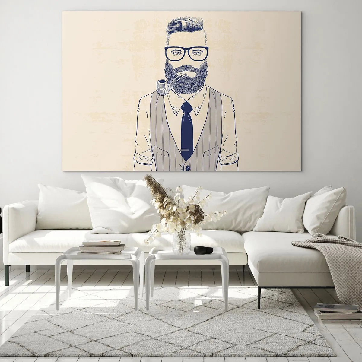 Quadro su vetro - Un uomo stilizzato con barba, occhiali e pipa su uno sfondo chiaro. - 70x50cm - Allegro, maschile e alla moda - Decorazione murale moderna per soggiorno e camera da letto ARTTOR