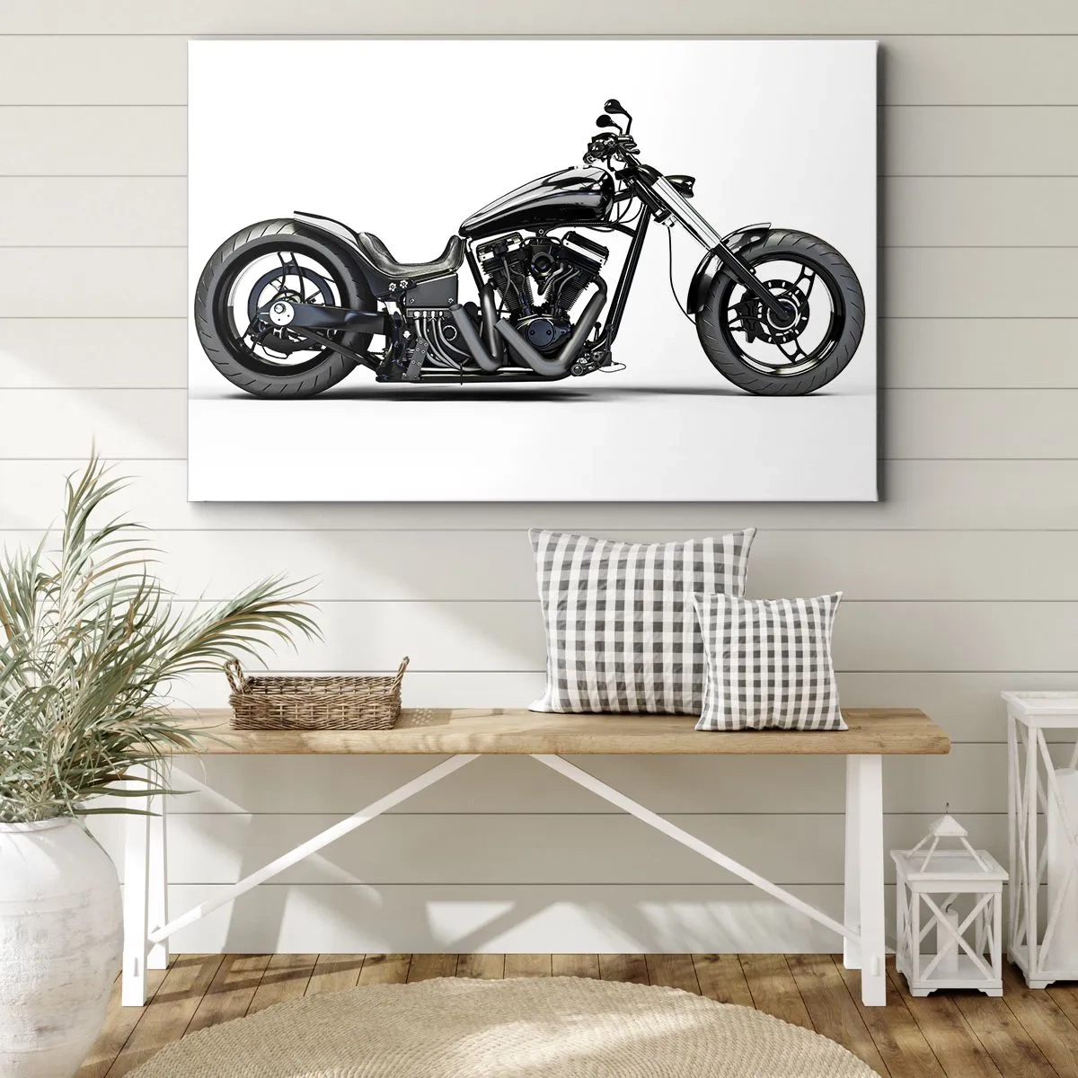 Quadro su tela - Stampe su Tela - Elegante motocicletta personalizzata nera su sfondo bianco - 100x70cm - Per chi ama la libertà - Decorazione murale moderna per soggiorno e camera da letto ARTTOR