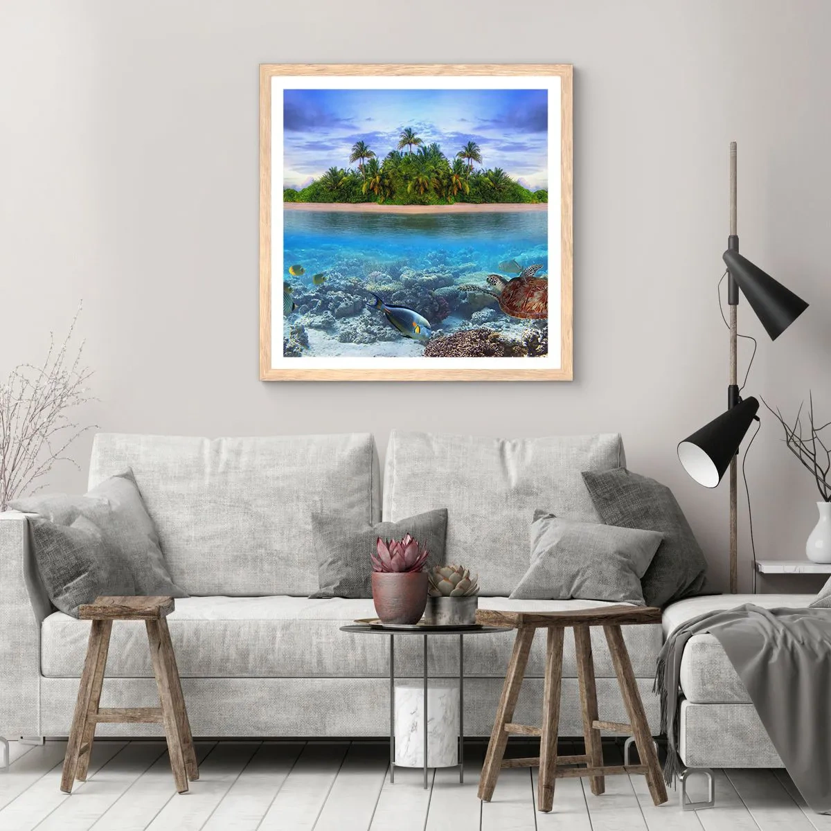 Poster in cornice rovere chiaro - L'isola del paradiso dà il benvenuto - 40x40 cm