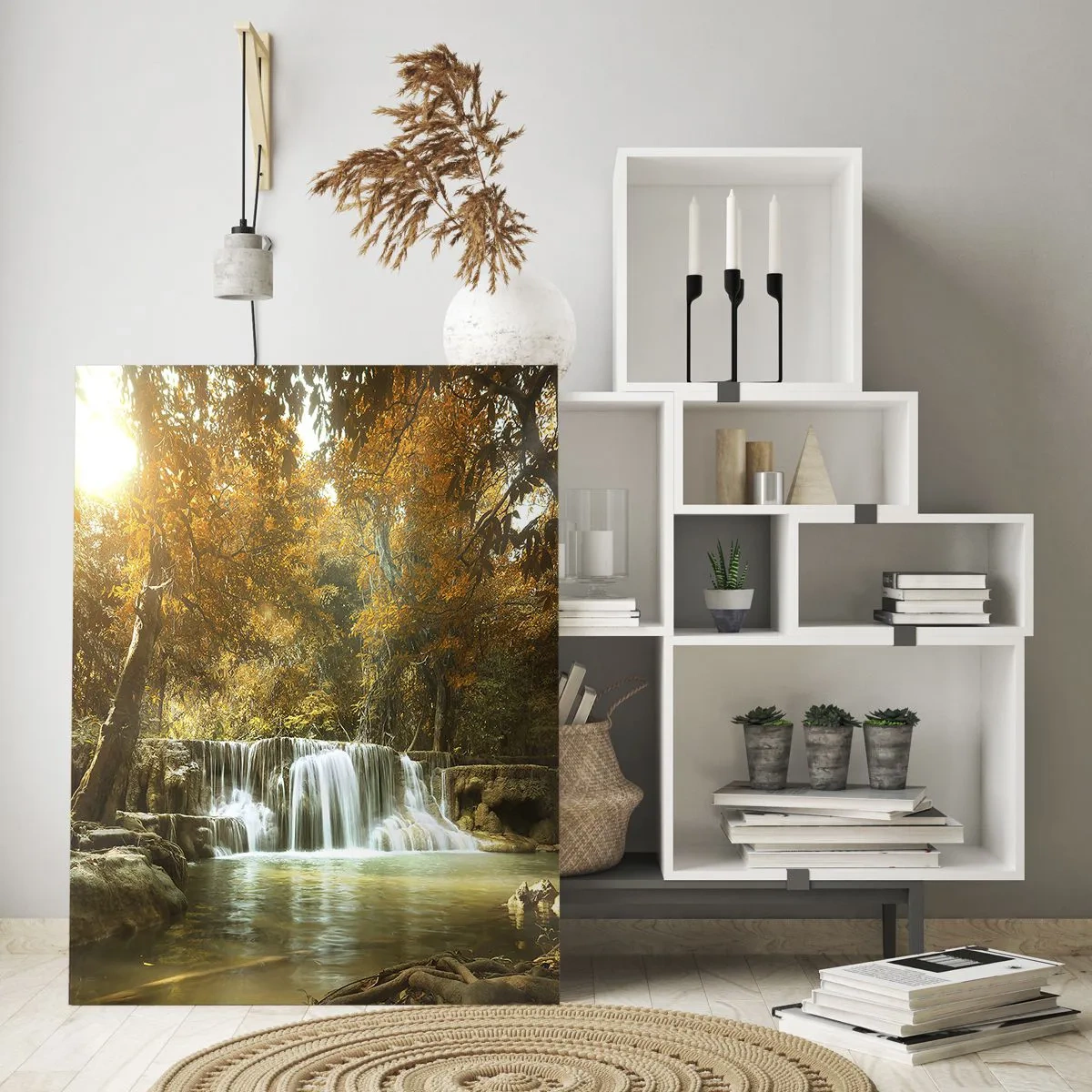 Quadro su vetro - Paesaggio autunnale con cascata - 80x120cm - Cascata nel parco - Decorazione murale moderna per soggiorno e camera da letto ARTTOR