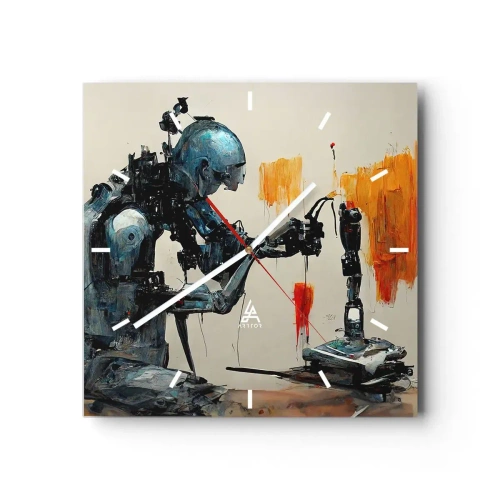 Orologio da parete - Orologio in Vetro - Robot al lavoro con sfondo astratto - 30x30cm - È già domani... - Decorazione murale moderna per soggiorno e camera da letto ARTTOR