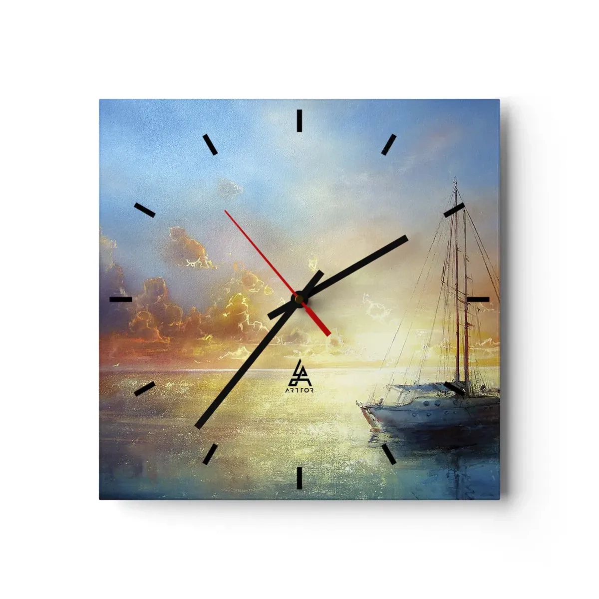 Orologio da parete - Orologio in Vetro - Uno yacht su un mare calmo al tramonto - 30x30cm - Nella baia dorata - Decorazione murale moderna per soggiorno e camera da letto ARTTOR