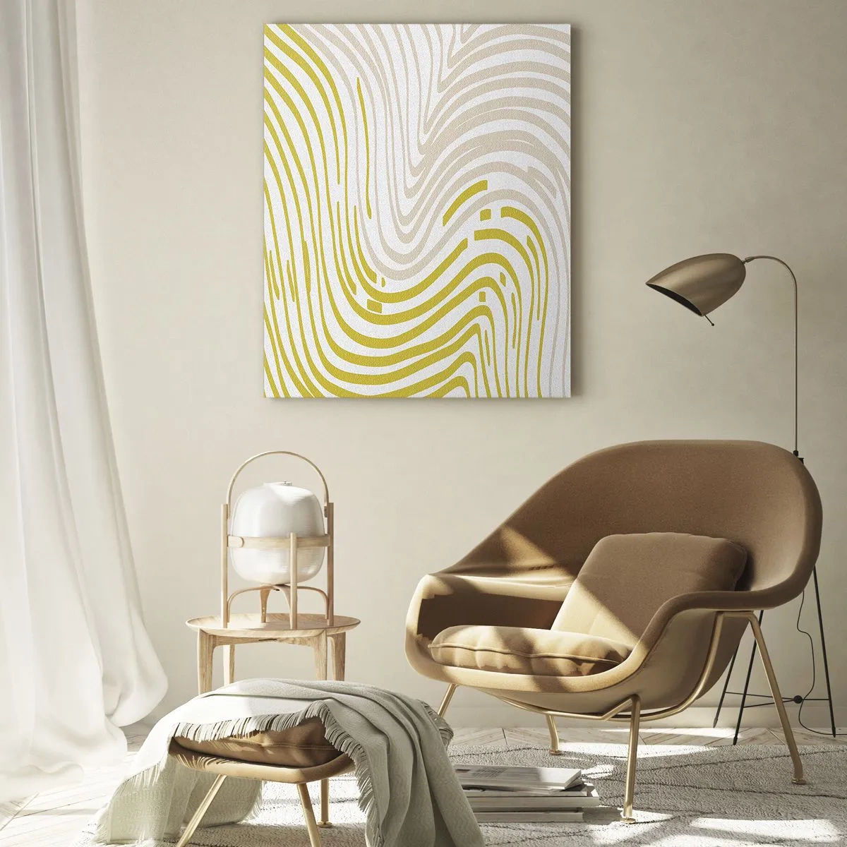 Quadro su vetro - Un motivo astratto con linee ondulate nelle tonalità del giallo e del beige. - 70x100cm - Composizione con lieve deflessione - Decorazione murale moderna per soggiorno e camera da letto ARTTOR