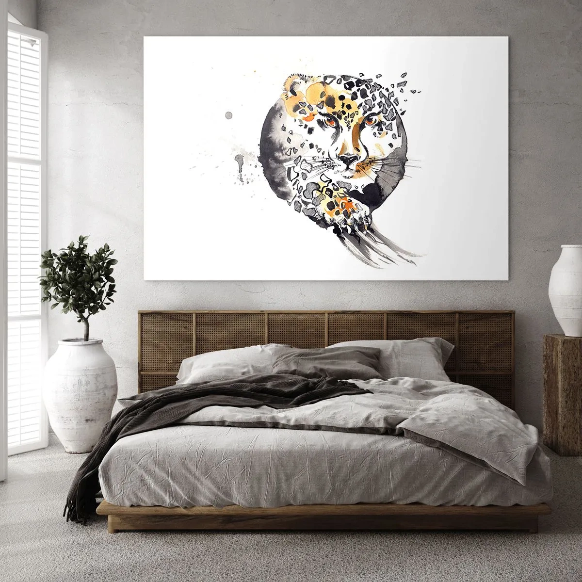 Quadro su vetro - Leopardo in una composizione dinamica e astratta - 100x70cm - Bellezza predatrice - Decorazione murale moderna per soggiorno e camera da letto ARTTOR