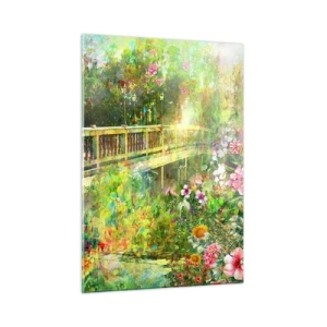 Quadro su vetro - Un ponte circondato da una vegetazione lussureggiante e fiori colorati - 50x70cm - Il ponte dei sospiri primaverili - Decorazione murale moderna per soggiorno e camera da letto ARTTOR