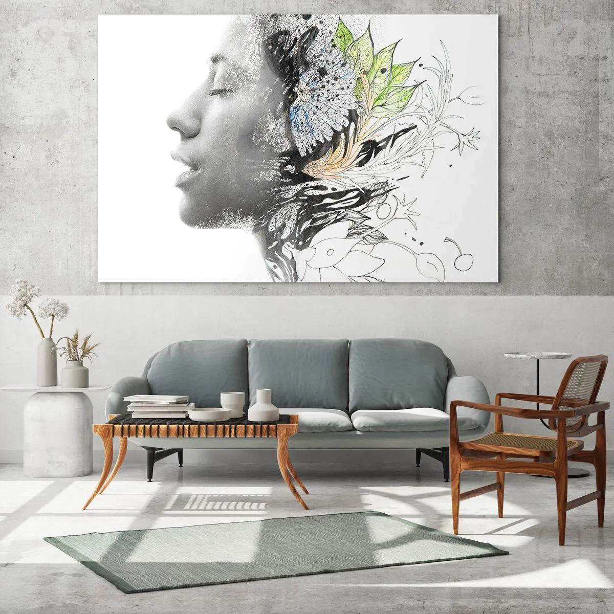 Quadro su vetro - Profilo di donna con motivi naturali in stile monocromatico - 120x80cm - Immersa nella natura - Decorazione murale moderna per soggiorno e camera da letto ARTTOR