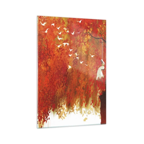 Quadro su vetro - Una figura su un'altalena vicino a un albero circondata da foglie rosse - 70x100cm - Voli con noi? - Decorazione murale moderna per soggiorno e camera da letto ARTTOR