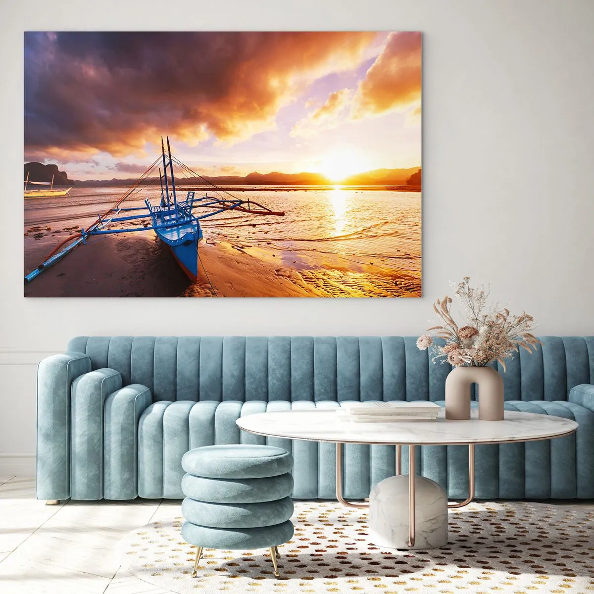 Quadro su vetro - Barca sulla spiaggia al tramonto con un cielo spettacolare - 100x70cm - Riposo sulla sabbia dopo l'intera giornata - Decorazione murale moderna per soggiorno e camera da letto ARTTOR