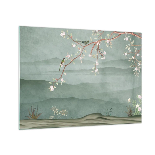 Quadro su vetro - Un ramo con fiori e uccelli sullo sfondo di verdi colline - 70x50cm - Eccoti primavera - Decorazione murale moderna per soggiorno e camera da letto ARTTOR