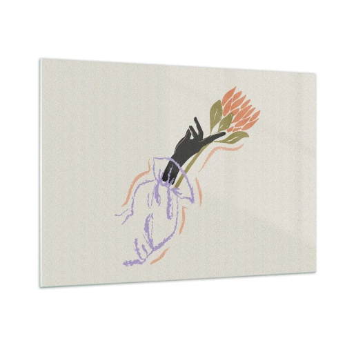 Quadro su vetro - Una mano stilizzata con un mazzo di fiori disegnato con linee pastello. - 100x70cm - Tocco delicato - Decorazione murale moderna per soggiorno e camera da letto ARTTOR