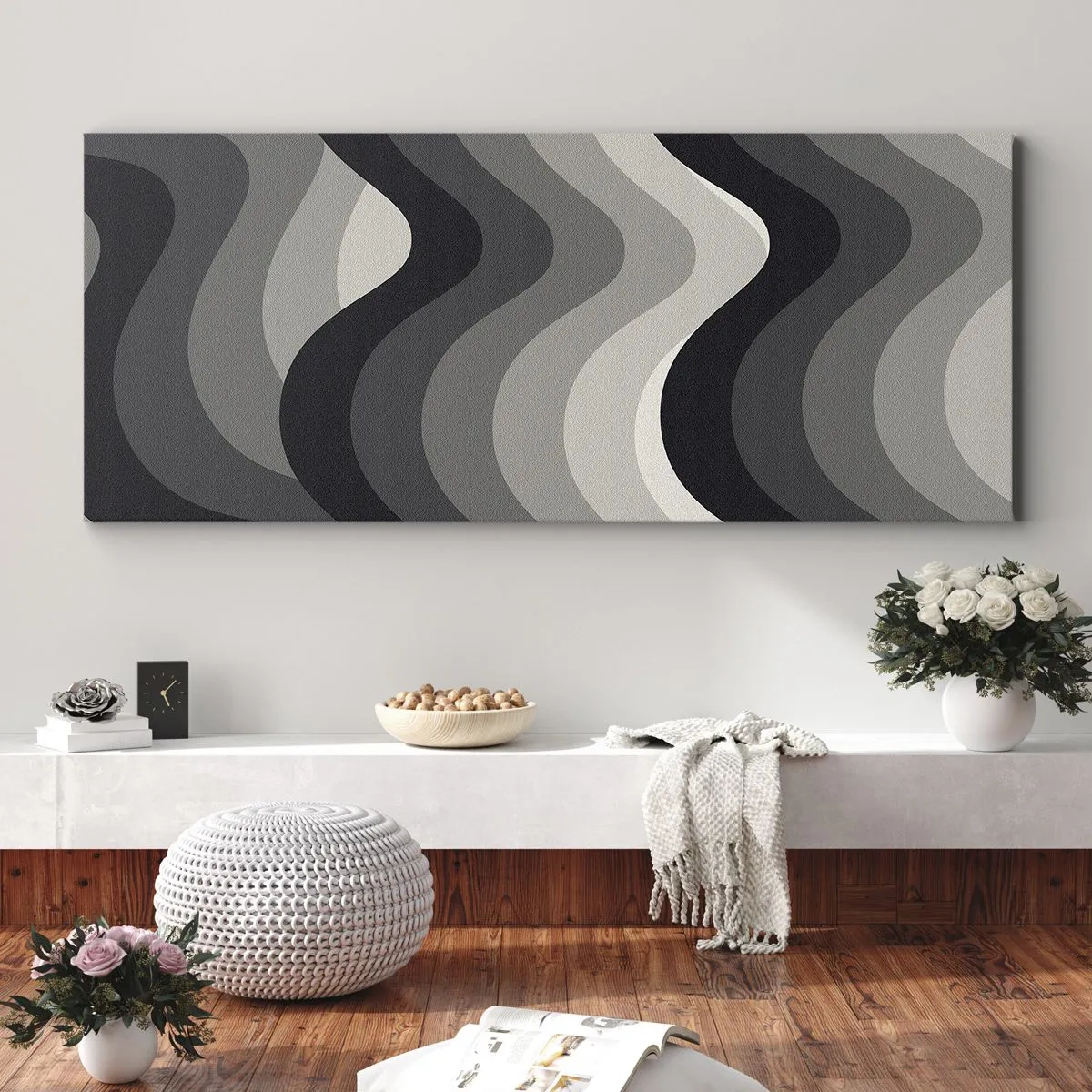 Quadro su tela - Stampe su Tela - Motivi ondulati in bianco e nero in tonalità di grigio - 160x50cm - Un'onda dopo l'altra - Decorazione murale moderna per soggiorno e camera da letto ARTTOR