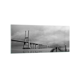 Quadro su vetro - Un ponte sospeso sull'acqua in bianco e nero - 120x50cm - A ciascuno ciò che gli spetta - Decorazione murale moderna per soggiorno e camera da letto ARTTOR