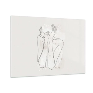 Quadro su vetro - Uno schizzo minimalista delle mani e delle labbra di una donna su uno sfondo beige. - 100x70cm - Attimo sognante - Decorazione murale moderna per soggiorno e camera da letto ARTTOR